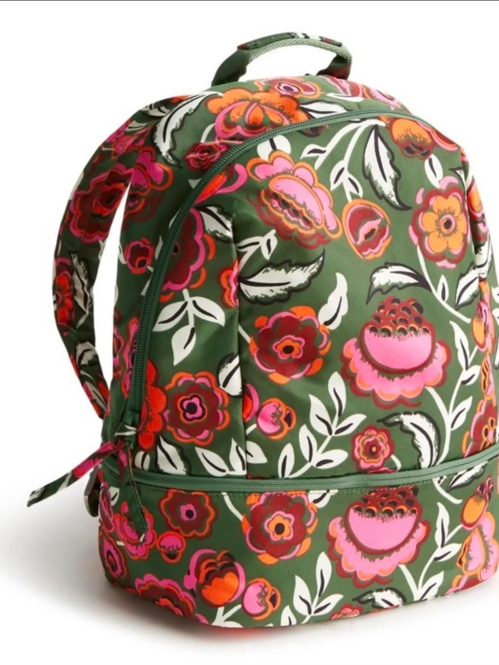 Vera Bradley Green Floral Backpack with Pink and Orange Blooms